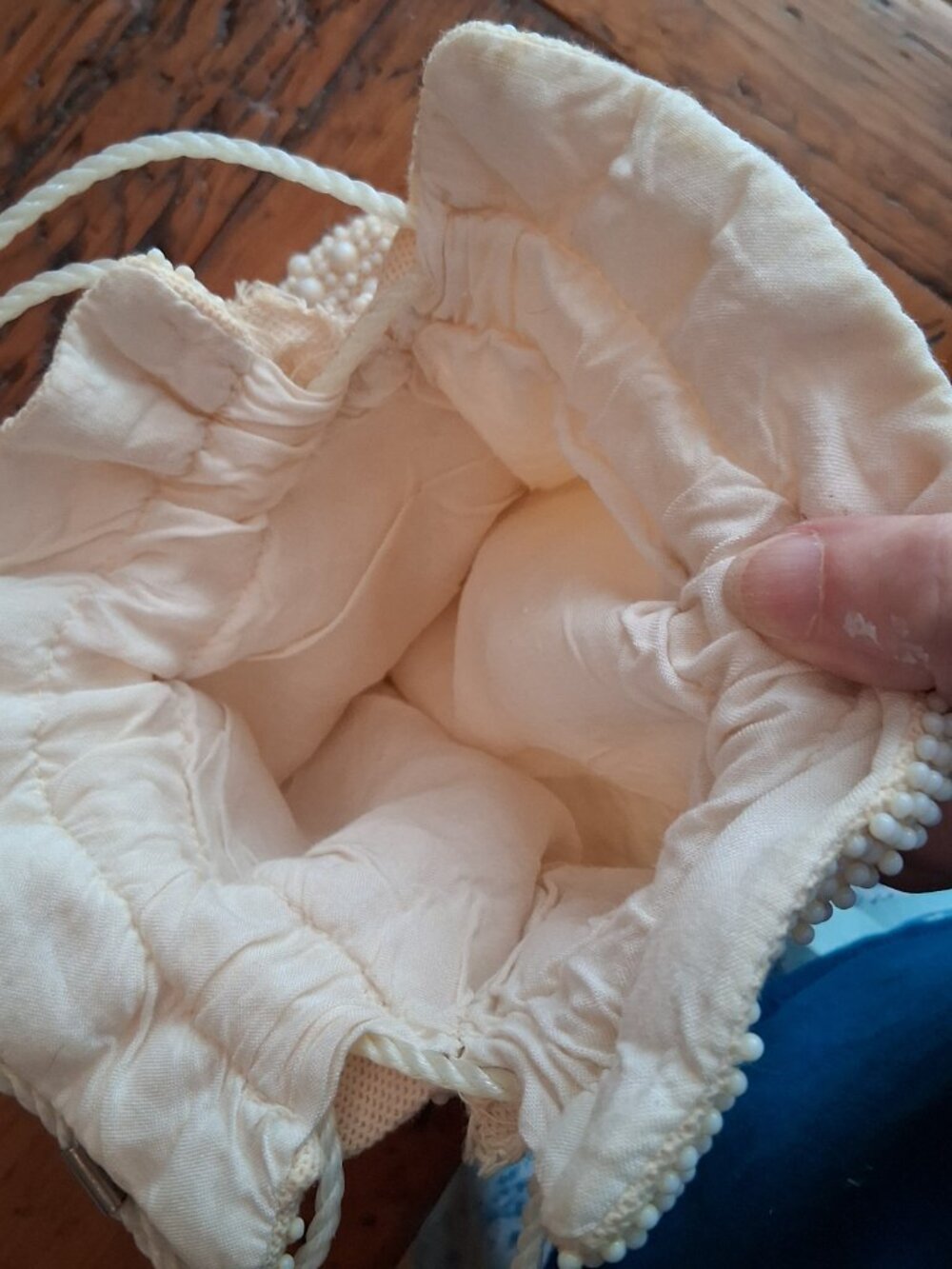 Vintage White/ Beige Beaded Lined Drawstring Bag Pouch - Picture 7 of 8